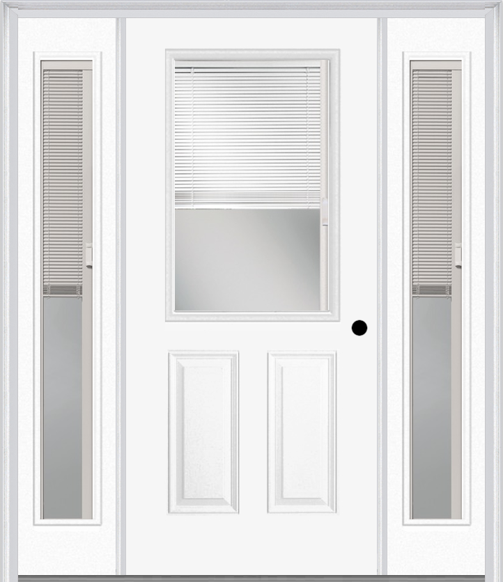 MMI 1/2 Lite 2 Panel Raise/Lower Blinds 3'0" X 6'8" Fiberglass Smooth Exterior Prehung Door With 2 Full Lite Glass Raise/Lower Blinds Sidelights 684 RLB 694 RLB